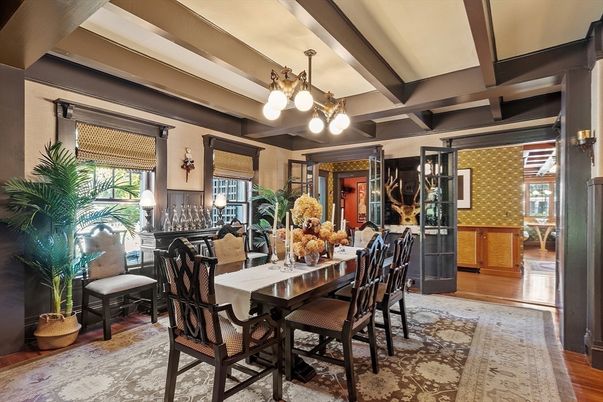 Dining room, Interior, Pendant Lights, Wood Texture Flooring