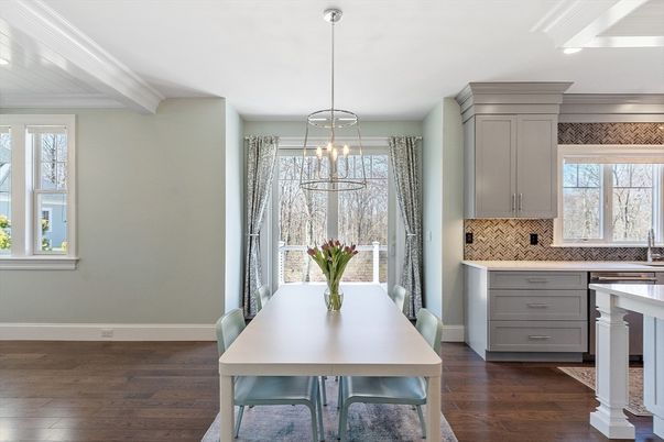 Dining room, Interior, Pendant Lights, Wood Texture Flooring