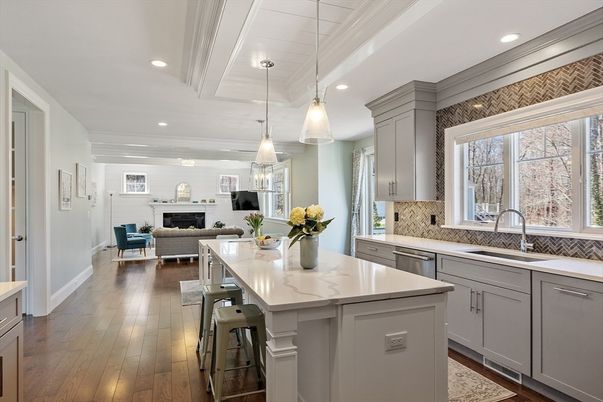 Fireplace, Interior, Kitchen, Living room, Pendant Lights, Recessed Lighting, Stainless Steel Appliances, Wood Texture Flooring