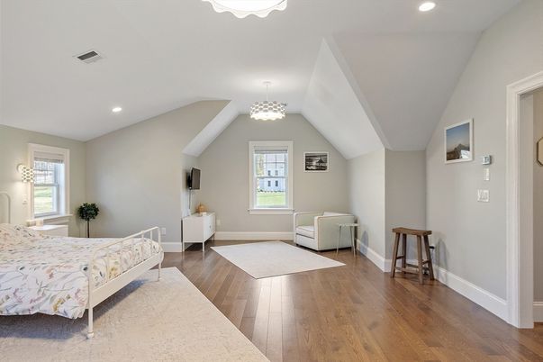 Bedroom, Chandelier, Interior, Recessed Lighting, Wood Texture Flooring