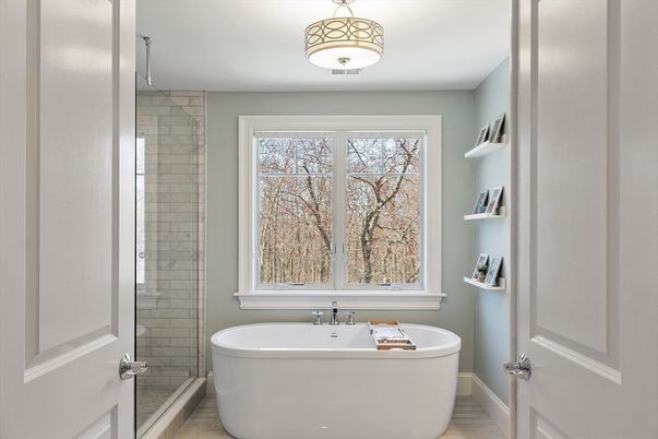 Bathroom, Free Standing Baths, Glass Shower, Interior, Wood Texture Flooring