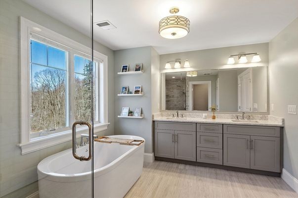 Bathroom, Dual Sink Vanities, Free Standing Baths, Interior, Wood Texture Flooring