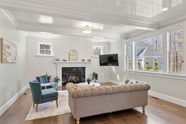 Fireplace, Interior, Living room, Recessed Lighting, Wood Texture Flooring