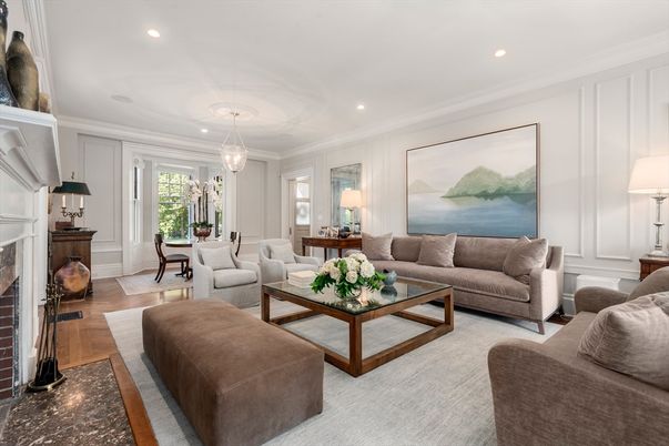 Dining room, Fireplace, Interior, Living room, Pendant Lights, Recessed Lighting, Wood Texture Flooring