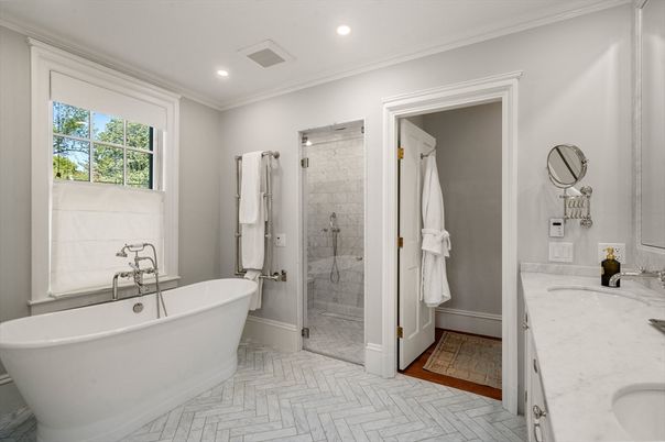 Bathroom, Dual Sink Vanities, Free Standing Baths, Glass Shower, Interior, Marble Walls, Recessed Lighting