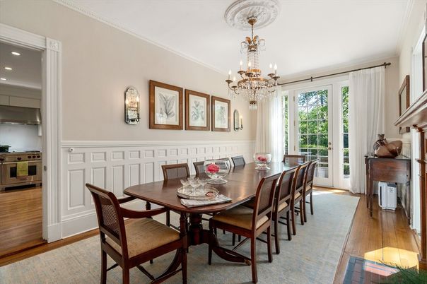Chandelier, Dining room, Interior, Recessed Lighting, Wood Texture Flooring