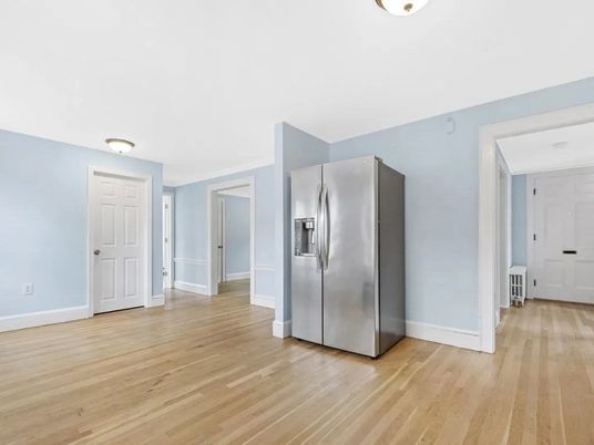 Empty room, Interior, Kitchen, Stainless Steel Appliances, Wood Texture Flooring