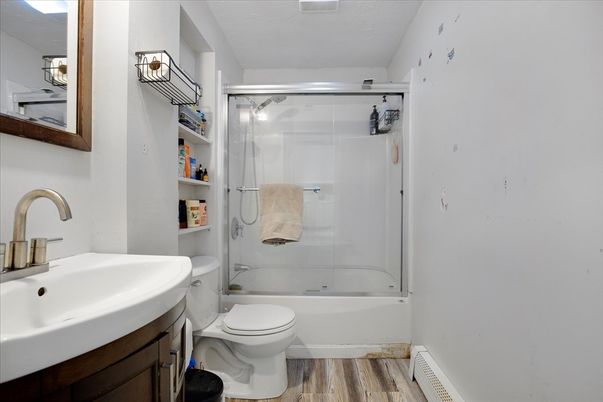 Bathroom, Glass Shower, Interior, Wood Texture Flooring