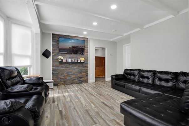 Home Theatre Room, Interior, Living room, Recessed Lighting, Stone Walls, Wood Texture Flooring