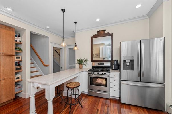 Interior, Kitchen, Pendant Lights, Recessed Lighting, Stainless Steel Appliances, Wood Texture Flooring