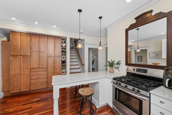 Interior, Kitchen, Pendant Lights, Recessed Lighting, Stainless Steel Appliances, Wood Texture Flooring