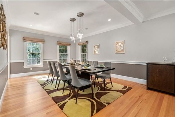 Dining room, Interior, Pendant Lights, Recessed Lighting, Wood Texture Flooring