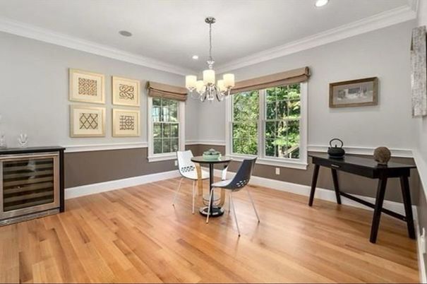 Chandelier, Home Office, Interior, Recessed Lighting, Wood Texture Flooring