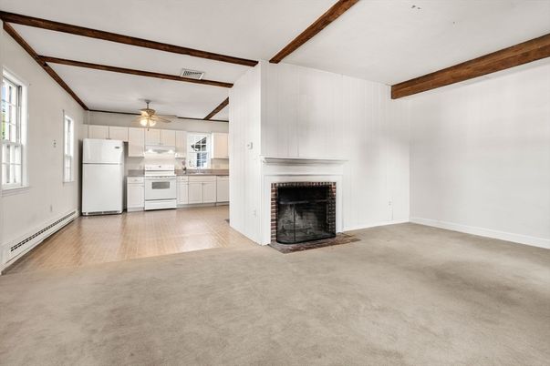 Empty room, Fireplace, Interior, Kitchen, Wooden Beams, Wood Texture Flooring