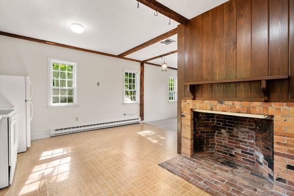 Empty room, Fireplace, Interior, Pendant Lights, Stone Walls