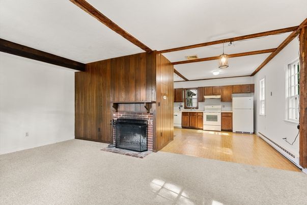 Empty room, Fireplace, Interior, Kitchen, Wooden Beams, Wood Texture Flooring, Wooden Walls