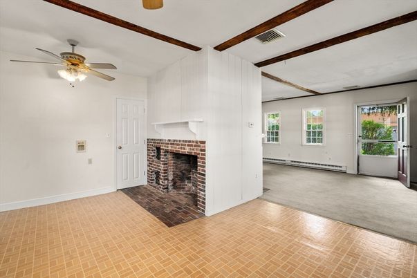 Empty room, Fireplace, Interior, Wooden Beams