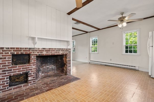 Empty room, Fireplace, Interior, Stone Walls, Wooden Beams