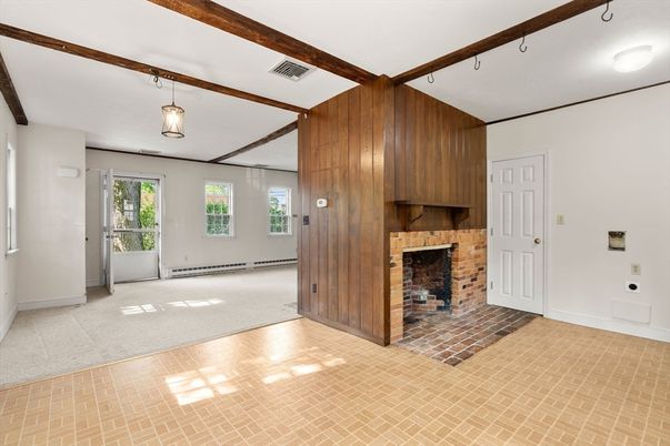Empty room, Fireplace, Interior, Pendant Lights, Wooden Beams, Wooden Walls