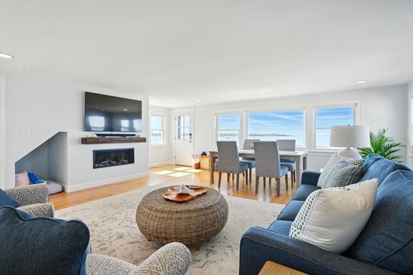 Dining room, Fireplace, Interior, Living room, Recessed Lighting, Wood Texture Flooring