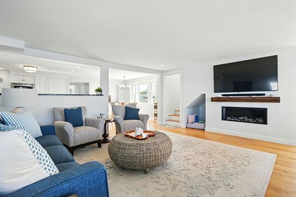 Fireplace, Interior, Kitchen, Living room, Pendant Lights, Recessed Lighting, Wood Texture Flooring