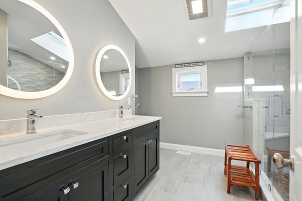 Bathroom, Dual Sink Vanities, Glass Shower, Interior, Recessed Lighting, Wood Texture Flooring