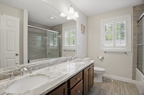 Bathroom, Dual Sink Vanities, Glass Shower, Interior, Wood Texture Flooring