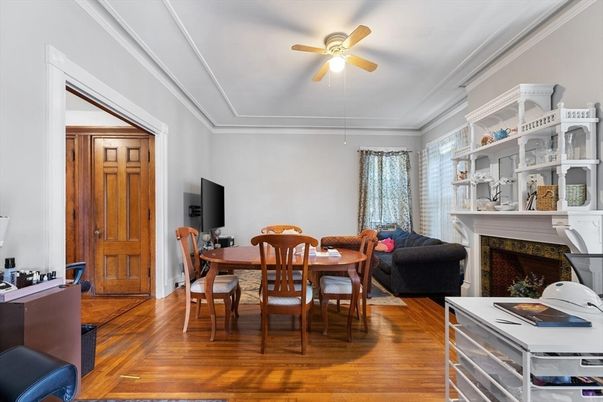 Dining room, Fireplace, Interior, Wood Texture Flooring