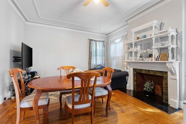 Dining room, Fireplace, Interior, Wood Texture Flooring