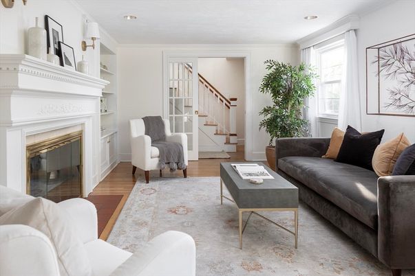 Fireplace, Interior, Living room, Recessed Lighting, Wood Texture Flooring