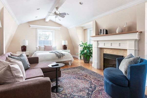 Bedroom, Fireplace, Interior, Recessed Lighting, Wood Texture Flooring
