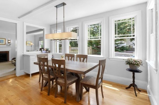 Dining room, Fireplace, Interior, Pendant Lights, Wood Texture Flooring