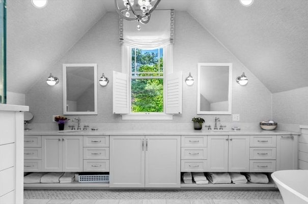 Bathroom, Chandelier, Dual Sink Vanities, Free Standing Baths, Interior, Recessed Lighting