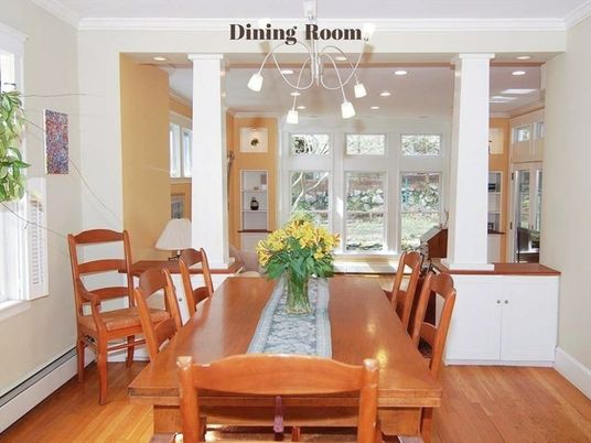 Dining room, Interior, Pendant Lights, Recessed Lighting, Wood Texture Flooring