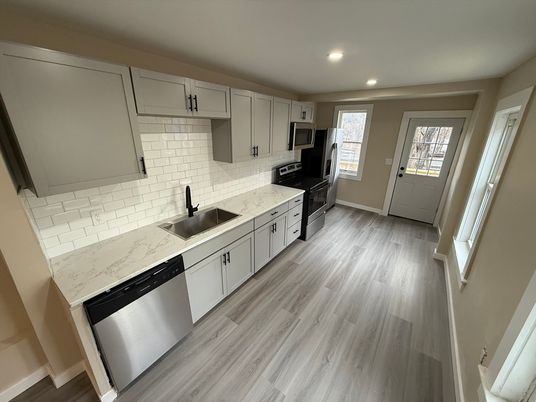 Interior, Kitchen, Recessed Lighting, Stainless Steel Appliances, Wood Texture Flooring