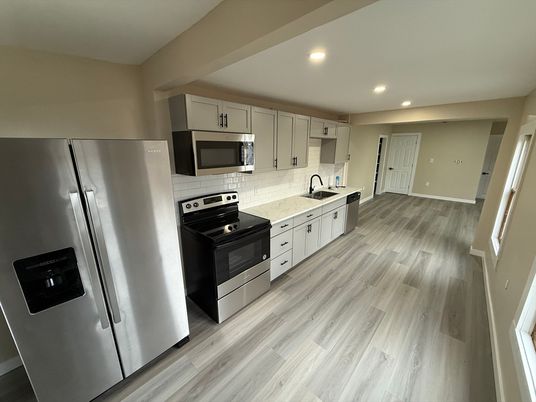 Interior, Kitchen, Recessed Lighting, Stainless Steel Appliances, Wood Texture Flooring