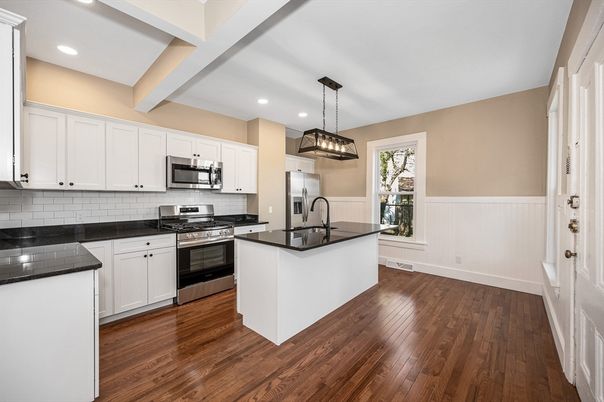 Interior, Kitchen, Pendant Lights, Recessed Lighting, Stainless Steel Appliances, Wood Texture Flooring