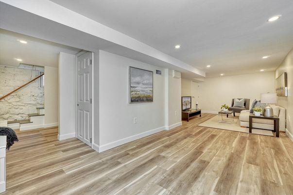 Interior, Living room, Recessed Lighting, Stone Walls, Wood Texture Flooring