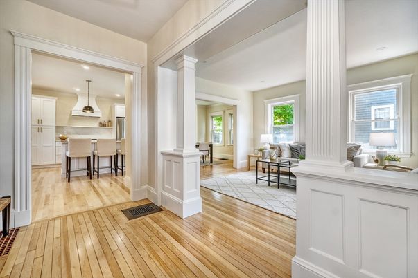 Interior, Kitchen, Living room, Pendant Lights, Recessed Lighting, Wood Texture Flooring
