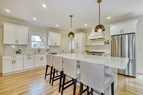 Interior, Kitchen, Marble Walls, Pendant Lights, Recessed Lighting, Stainless Steel Appliances, Wood Texture Flooring