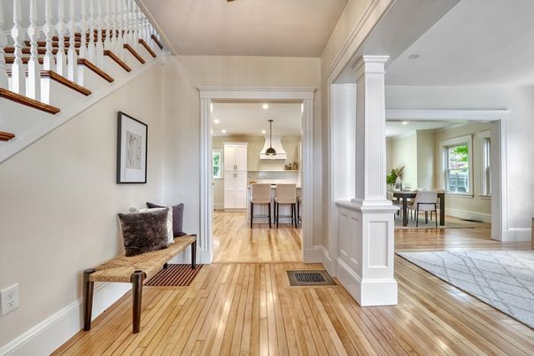 Dining room, Interior, Kitchen, Pendant Lights, Recessed Lighting, Wood Texture Flooring