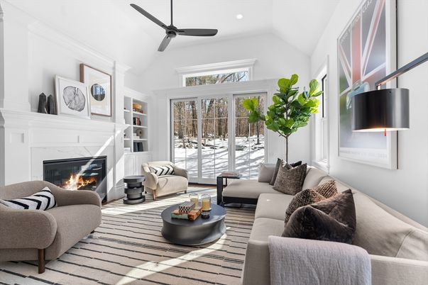 Fireplace, Interior, Living room, Recessed Lighting, Wood Texture Flooring