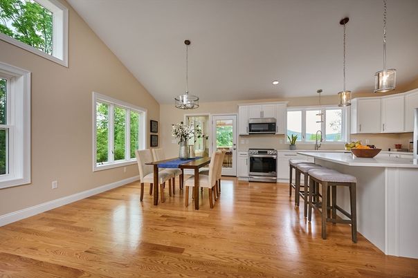 Dining room, Interior, Kitchen, Pendant Lights, Recessed Lighting, Stainless Steel Appliances, Wood Texture Flooring