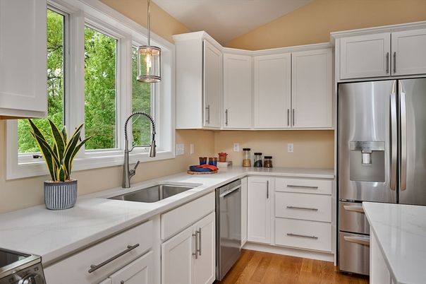 Interior, Kitchen, Pendant Lights, Stainless Steel Appliances, Wood Texture Flooring
