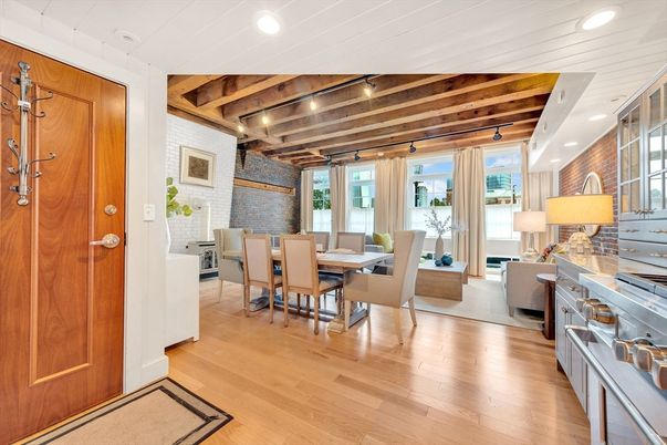 Dining room, Interior, Living room, Recessed Lighting, Stone Walls, Wooden Beams, Wooden Ceilings, Wood Texture Flooring