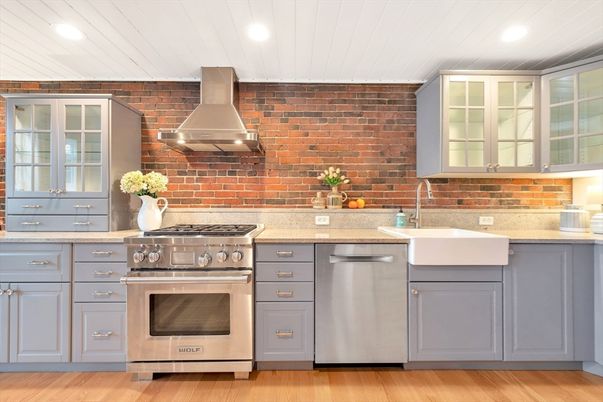 Interior, Kitchen, Recessed Lighting, Stainless Steel Appliances, Stone Walls, Wood Texture Flooring