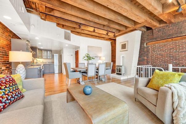 Dining room, Interior, Kitchen, Living room, Recessed Lighting, Stone Walls, Wooden Beams, Wooden Ceilings, Wood Texture Flooring