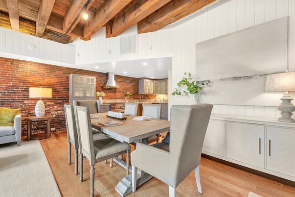 Dining room, Interior, Kitchen, Recessed Lighting, Stone Walls, Wooden Beams, Wooden Ceilings, Wood Texture Flooring