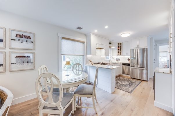 Dining room, Interior, Kitchen, Recessed Lighting, Stainless Steel Appliances, Wood Texture Flooring