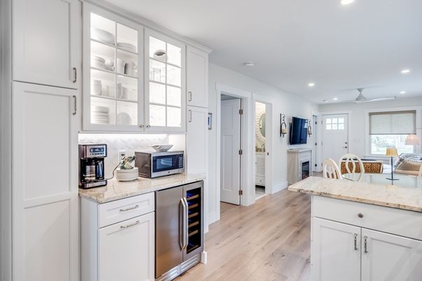 Fireplace, Interior, Kitchen, Recessed Lighting, Stainless Steel Appliances, Wood Texture Flooring